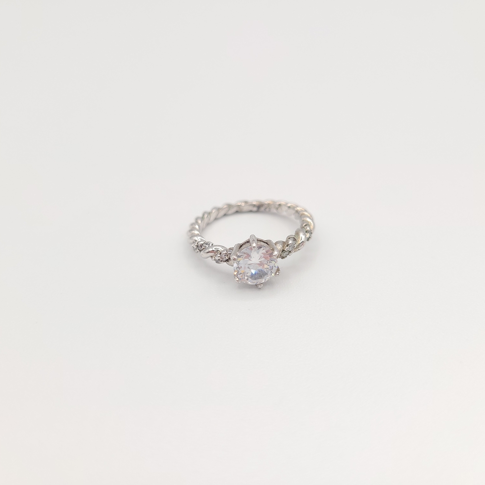 Silver Tone CZ Solitaire Ring Size 5 Twisted Band Dainty Engagement Style